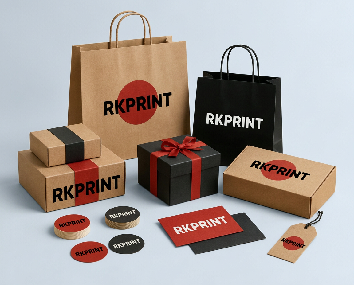 Simulation de sacs, boîtes et stickers personnalisés RKPRINT