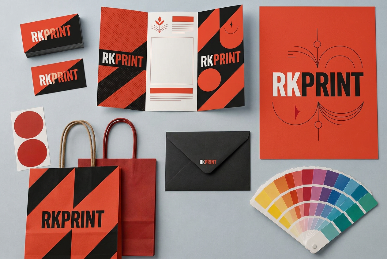 Simulation RKPRINT sur des cartes de visite, un dépliant et une affiche